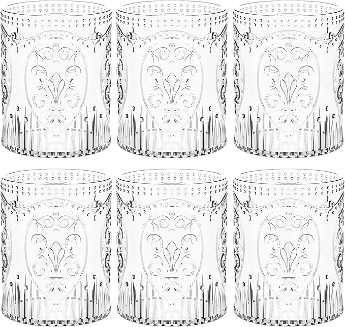 6 Plastic Vintage Drinking Glasses 8.5oz Stemless Retro Embossed Wine Glasses Shatterproof Reusable Cups for Baby Shower Wedding Reception Grand Event Party (Clear)