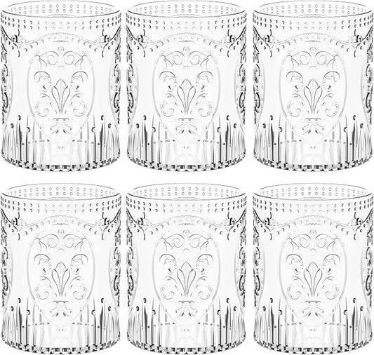 6 Plastic Vintage Drinking Glasses 8.5oz Stemless Retro Embossed Wine Glasses Shatterproof Reusable Cups for Baby Shower Wedding Reception Grand Event Party (Clear)