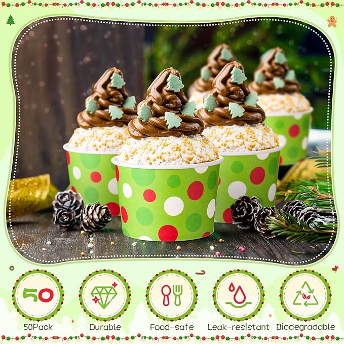 50 Pack 9 oz Christmas Soup Bowls Disposable Paper Ice Cream Cups Winter Themed Disposable Dessert Bowls Green Polka Dots Paper Snack Cups for Hot and Cold Food Christmas Party Supplies