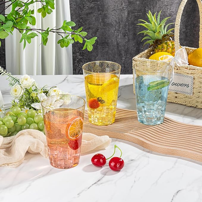 I00000 50 Pack 24 oz Gold Plastic Cups, Gold Glitter Cups Disposable Plastic Wine Glasses Cocktail Glasses Premium Cup, 24 Ounce Glitter Disposable Tumblers for Party & Wedding