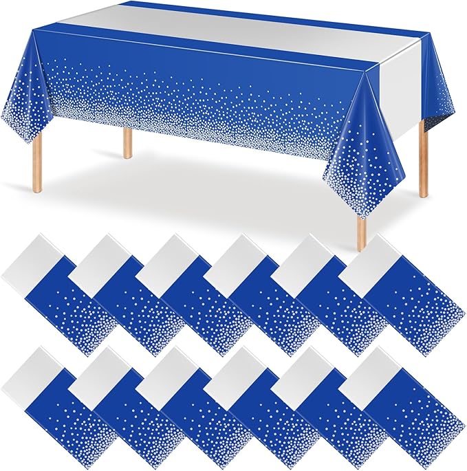 12Pcs Blue Silver Tablecloth Party Decorations,Plastic Royal Blue Table Cloth Printed Silver Table Runner Disposable Rectangle Tables Cover for Anniversary Wedding Graduation 2024 Party,54 x108 Inch