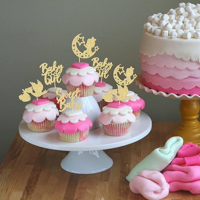 24Pcs Babyshower Girl Cupcake Toppers Glitter Moon Star Sweet Baby Gender Reveal Cupcake Picks Baby Shower Kids Girls Birthday Party Cake Decorations Supplies Gold