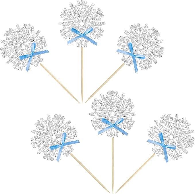 24Pcs Snowflake Cupcake Toppers Glitter Snowflake Cupcake Picks Frozen Blue Bow Snowflake Cake Decors Baby Shower Gender Reveal Winter Theme Christmas Party Cake Decor Supplies