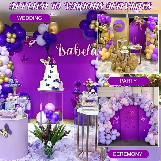 Metal Arch Stand and Cover Set,1 Purple Spandex Fitted Backdrop with 1 Gold Wedding Arched Stand Frame for Parties Birthday Baby Shower Bridal Banquet Decoration (6.6FT)