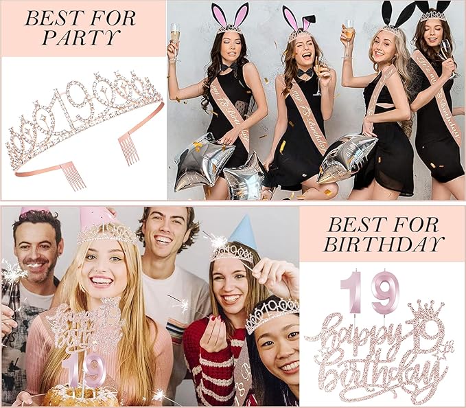 19th Birthday Decorations for Girl, 19th Birthday Sash and Crown, Cake Topper, Number Candles and Balloons, 19 Year Old Gifts for Girls