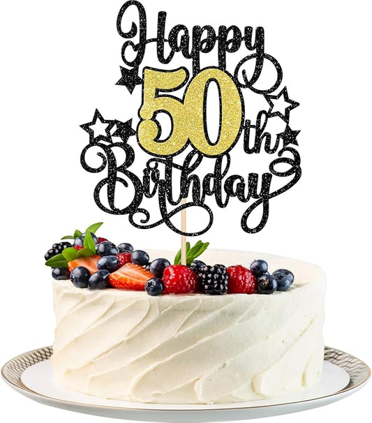 1 PCS Happy 50th Birthday Cake Topper Black Gold Glitter Cheers to 50 Years Birthday Cake Pick Hello 50 Fabulous Cake Decoration for Happy 50th Birthday Anniversary Party Decorations Supplies