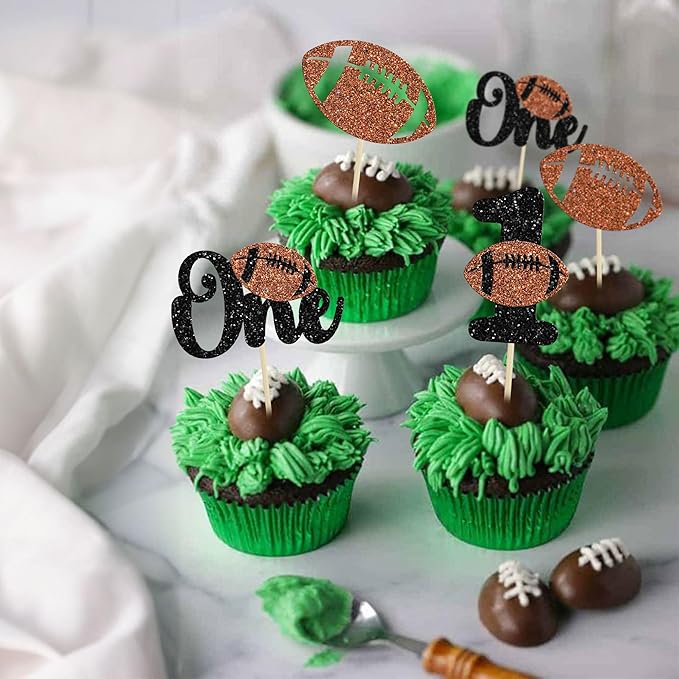 24Pcs Rugby 1st Birthday Cupcake Toppers Glitter First Birthday American Football One Cupcake Picks Decorations for Rugby Sports Theme Baby Shower Kids 1st Birthday Party Cake Supplies