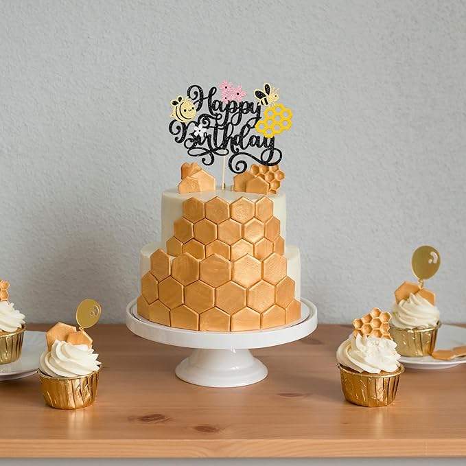 1 Pack Happy Bee Day Cake Topper Bumble Bee Happy Birthday Cake Decoration for Bee Theme Baby Shower Kids Boys Girls Birthday Party Cake Decorations Supplies Black