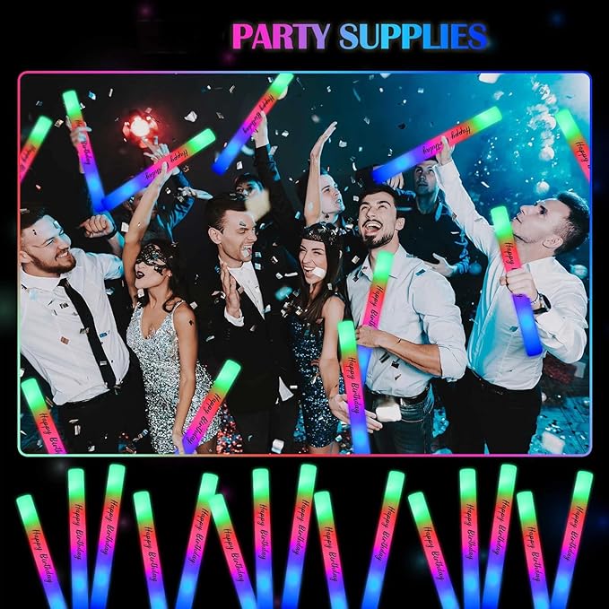 50 Pack Colorful LED Party Foam Light Sticks Batons with Triple Ribbon Birthday Glow Sticks with 3 Color Lighting Modes for Birthday Party, Guests Send Off, Christmas, Festivals