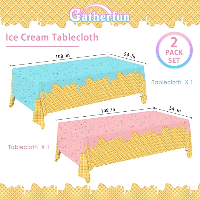 Gatherfun Ice Cream Party Supplies: 2-Pack Ice Cream Birthday Party Decorations,Disposable Plastic Tablecloth, Ideal Table Cover for Kids & Girls Birthday, Baby Shower & Themed Parties, 54 x 108 Inch