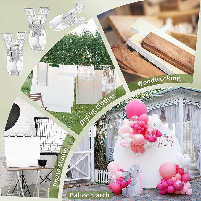 LemonRoad 16 Pcs 2.6" Clips for Balloon Arch Clear Heavy Duty 1.2" Jaw Opening Spring Clamps for Christmas Balloon Arch, Tablecloth Clip, Backdrop Stand for Wedding Photography Studio Home Decorations