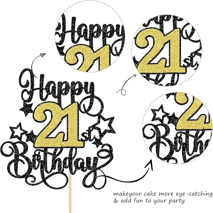 1 PCS Happy 21st Birthday Cake Topper Black Gold Glitter Cheers to 21 Years Birthday Cake Pick Hello 21 Fabulous Cake Decoration for Happy 21st Birthday Anniversary Party Decorations Supplies