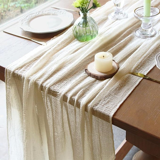 FEXIA Beige Table Runner Ivory Cheesecloth Table Runner 30x118 Inches Rustic Gauze for Easter Decor Wedding Baby Shower Bridal Shower First Communion Home Decorations