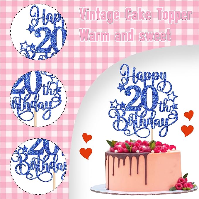 1 PCS Happy 20th Birthday Cake Topper Glitter Cheers to 20 Years Birthday Cake Pick Hello 20 Fabulous Cake Decoration for Happy 20th Birthday Anniversary Party Decorations Supplies Blue