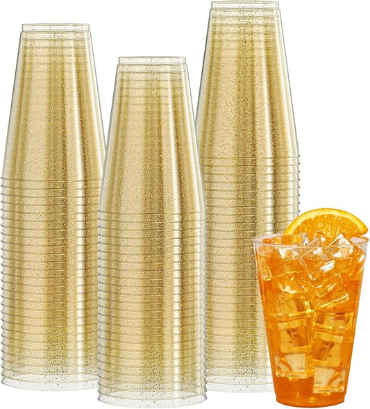 Vplus 100 Count 14 OZ Gold Glitter Heavy Duty Large Plastic Cups, Disposable Plastic Glasses Tumblers, Elegant Wedding Birthday Christmas Party Cups