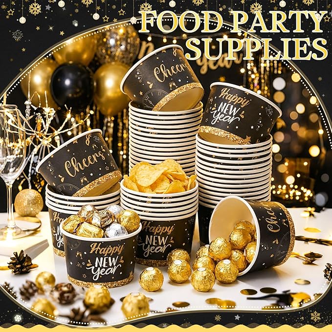 50 Pack 9 oz Happy New Year Soup Bowls Disposable Paper Cups Winter Themed Disposable Dessert Bowls Cocktail Berry Paper Snack Cups for Hot and Cold Food Happy New Year's Eve Party Supplies