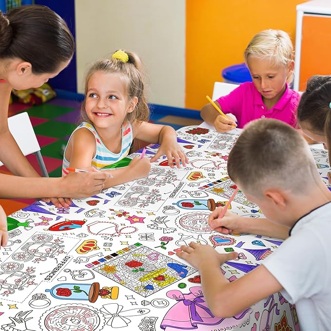 Gatherfun Princess Party Supplies Color-in Disposable Paper Tablecloth | 54x88 in Princess Party Decorations Set for Kids Birthday, School & Special Events