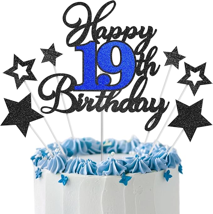19th Birthday Cake Topper, Black Blue Happy 19th Birthday Cake Toppers for Boy Girl, 19 Years Old Birthday Party Supplies, Glitter Cake Decor, 19th Birthday Cake Decorations