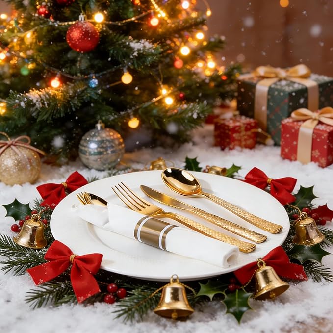 WELLIFE 400PCS Gold Plastic Silverware, Pre Rolled Silverware Set Disposable,Plastic Cutlery Includes: 100 Forks, 100 Knives, 100 Spoons, 100 Napkins, Cutlery Set Disposable for Christmas