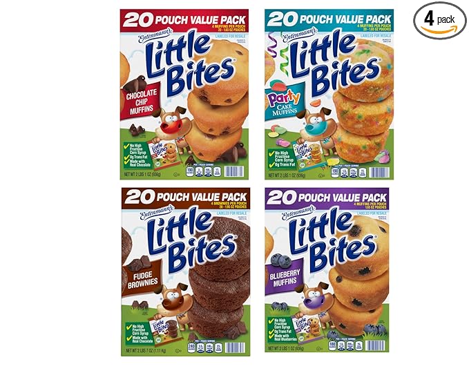 (4 pack) Little Bites Assorted Muffins, 80 individual packs, (20 ct each), Mini Muffins, 138 lbs Case – (20) Chocolate Chip, (20) Fudge, (20) Blueberry, (20) Party Cake