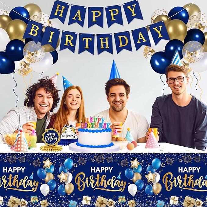 DUAIAI Happy Birthday Decorations, 3 Pcs Navy Blue and Gold Birthday Tablecloth for Boys Girls Men Women, Plastic Disposable Rectangle Table Cover for Birthday Party Supplies- 54" x 108"