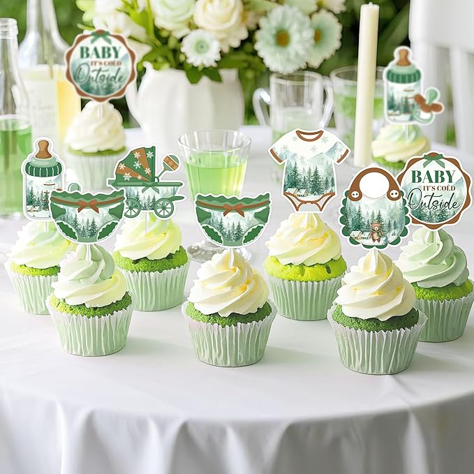 Baby Its Cold Outside Baby Shower Decorations, Winter Forest Cake Topper & 24 Cupcake Toppers, Woodland Green Party Supplies (Pack of 25)