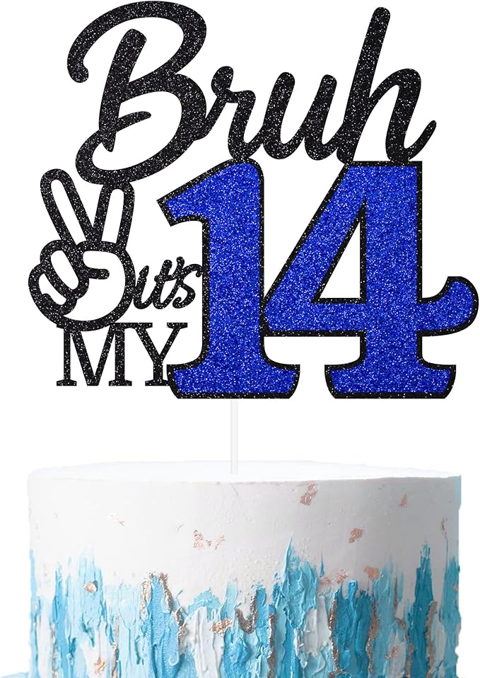1 Pcs Bruh I'm 14 Cake Topper, Happy 14th Birthday Cake Pick, It's My 14th Birthday Party Decoration For Boys, Funny Boy Cheers To 14 Year Party Supply(Blue & Black)
