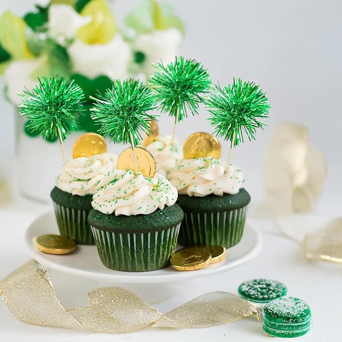 Ephlyn 30Pcs Foil Firework Cupcake Toppers Party Birthday Cake Toppers Supplies Sparkle Tinsel Cocktail Fruit Toothpick for Birthday Wedding Graduation Party Supplies Green