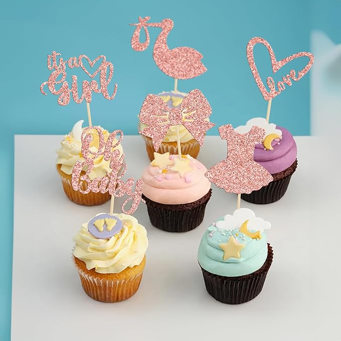Gyufise 36 Pack Oh Baby Cupcake Toppers It's a Girl Cupcake Toppers with Bow Dress Love Heart Rose Gold Glitter Cake Picks Decorations for Baby Shower Girl Birthday Party Supplies