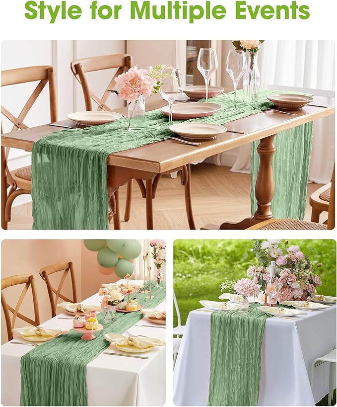 Pureegg 6-Pack Cheese Cloths Table Runner, 120'' Boho Table Cloth Decorations for Party, Baby Shower, Wedding and Farmhouse, Fabric Room Decor, Sage Green