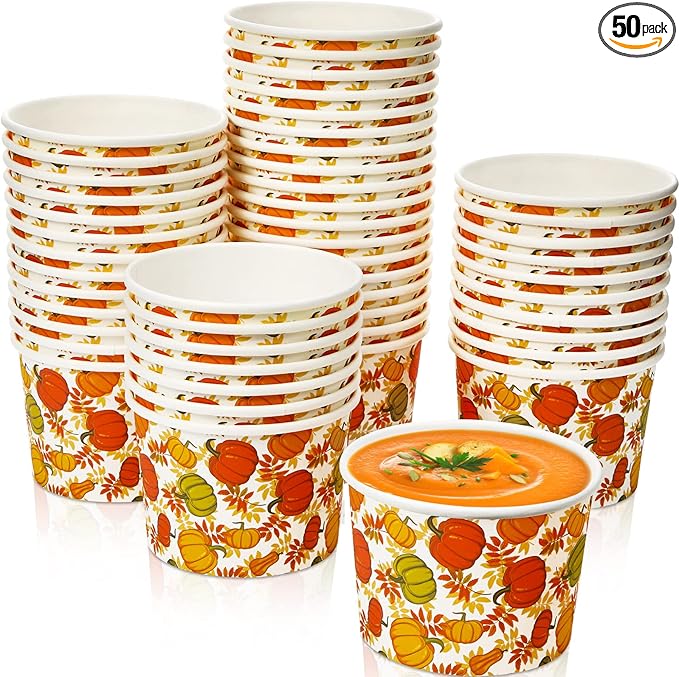 50 Pack 9 oz Fall Soup Bowls Disposable Paper Cups Fall Themed Disposable Dessert Bowls Pumpkin Paper Snack Cups for Hot or Cold Food Thanksgiving Day Party Supplies