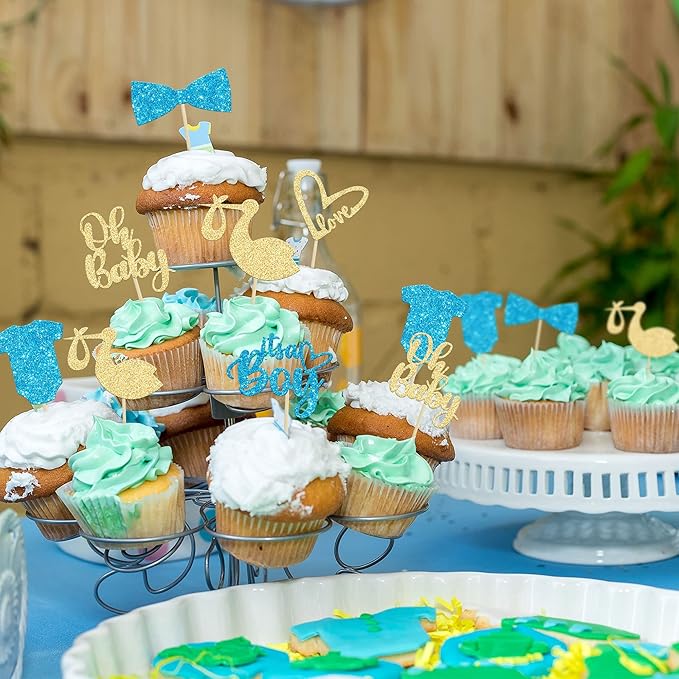 Gyufise 36 Pack Oh Baby Cupcake Toppers Assembled It's a Boy Cupcake Toppers with Tie Onesie Love Heart Glitter Cake Picks Decorations for Baby Shower Boy Birthday Party Supplies