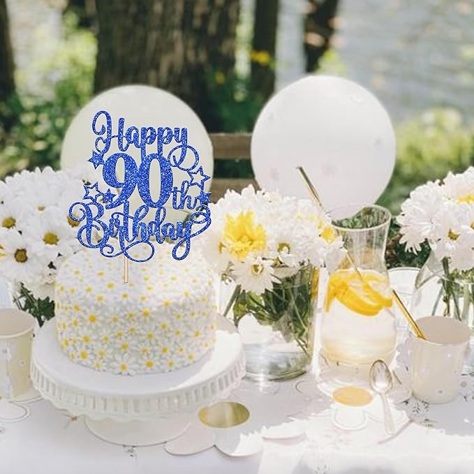 1 PCS Happy 90th Birthday Cake Topper Glitter Cheers to 90 Years Birthday Cake Pick Hello 90 Fabulous Cake Decoration for Happy 90th Birthday Anniversary Party Decorations Supplies Blue