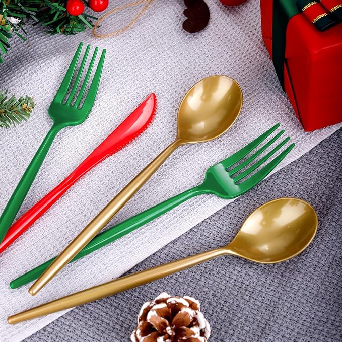 Rubtlamp 180Pcs Christmas Plastic Silverware, Heavy Duty Plastic Utensils, Party Disposable Flatware, Plastic Cutlery Sets Include 60 Green Forks, 60 Brown Gold Plastic Spoons, 60 Red Knives