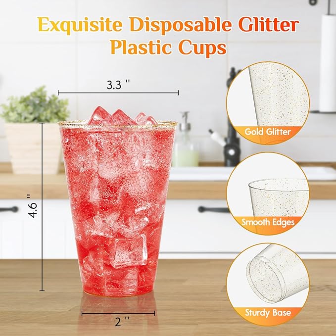 Vplus 100 Count 14 OZ Gold Glitter Heavy Duty Large Plastic Cups, Disposable Plastic Glasses Tumblers, Elegant Wedding Birthday Christmas Party Cups
