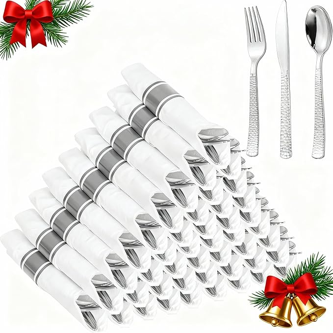 WELLIFE 300PCS Silver Plastic Silverware,Pre Rolled Silverware Set Disposable,Disposable Cutlery Includes: 75 Forks, 75 Knives, 75 Spoons, 75 Napkins,Christmas Utensils