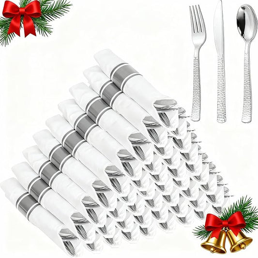WELLIFE 300PCS Silver Plastic Silverware,Pre Rolled Silverware Set Disposable,Disposable Cutlery Includes: 75 Forks, 75 Knives, 75 Spoons, 75 Napkins,Christmas Utensils