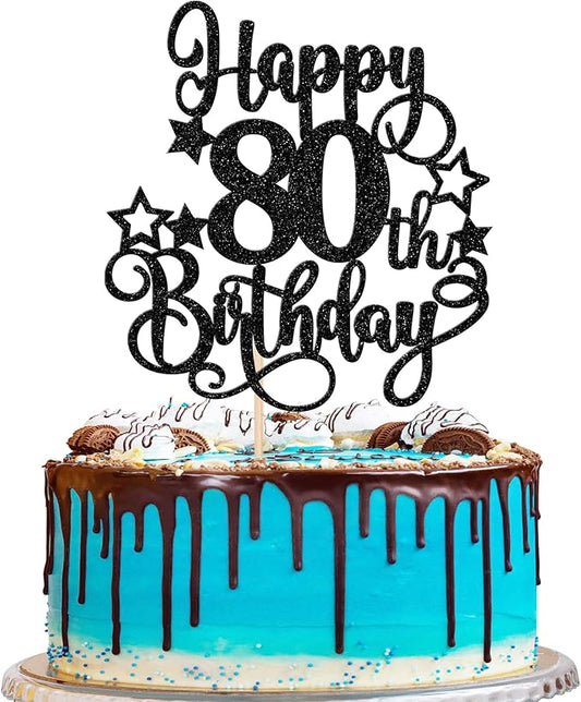 1 PCS Happy 80th Birthday Cake Topper Glitter Cheers to 80 Years Birthday Cake Pick Hello 80 Fabulous Cake Decoration for Happy 80th Birthday Anniversary Party Decorations Supplies Black