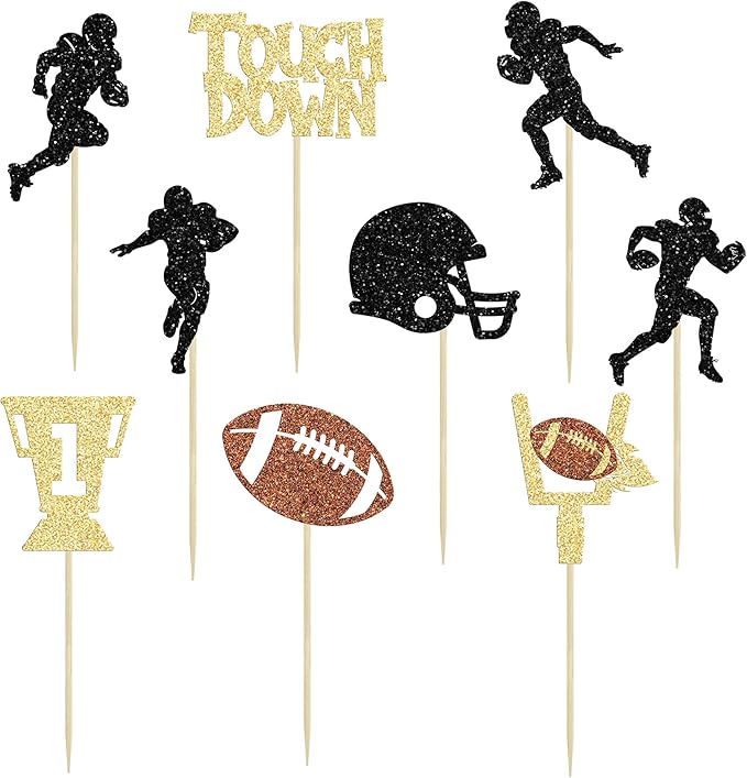 36Pcs Rugby Ball Cupcake Toppers Glitter Trophy American Football Cupcake Picks Touchdown Player Cake Decorations for Super Bowl Rugby Sports Theme Baby Shower Kids Birthday Party Supplies