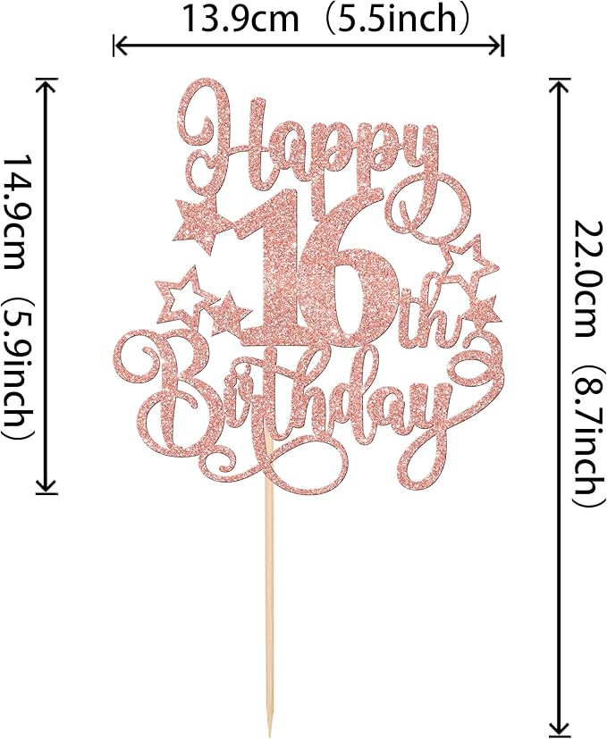 1 PCS Happy 16th Birthday Cake Topper Glitter Cheers to 16 Years Birthday Cake Pick Hello 16 Fabulous Cake Decoration for Happy 16th Birthday Anniversary Party Decorations Supplies Rose Gold