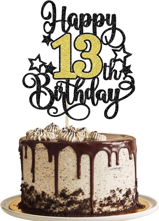 1 PCS Happy 13th Birthday Cake Topper Black Gold Glitter Cheers to 13 Years Birthday Cake Pick Hello 13 Fabulous Cake Decoration for Happy 13th Birthday Anniversary Party Decorations Supplies