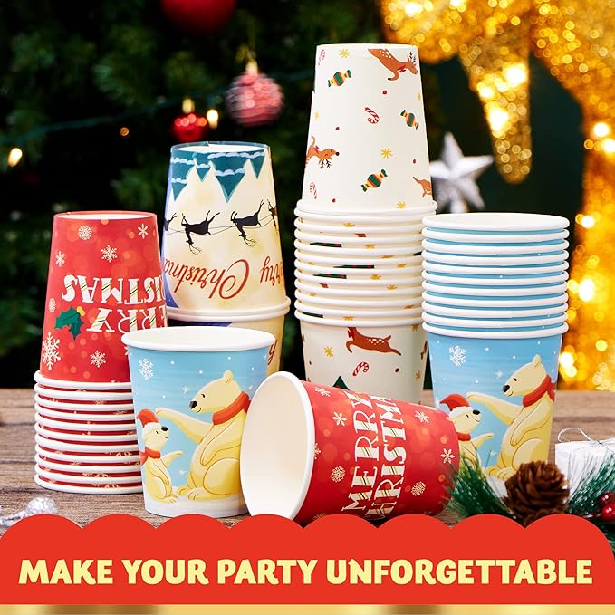 JOYIN Christmas 48 Pcs Paper Cup with Holiday Design, 9 oz Xmas Disposable Dinnerware Cups Party Supplies for Hot and Cold Beverages