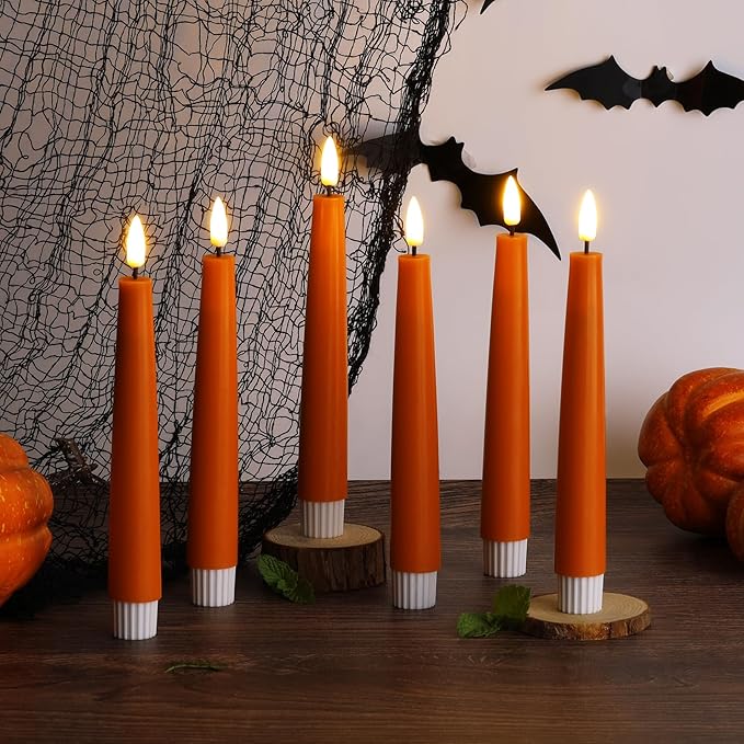 Eywamage Orange Flameless Taper Candles with Remote, Flickering Fall Thanksgiving LED Wax Candlesticks Set of 6