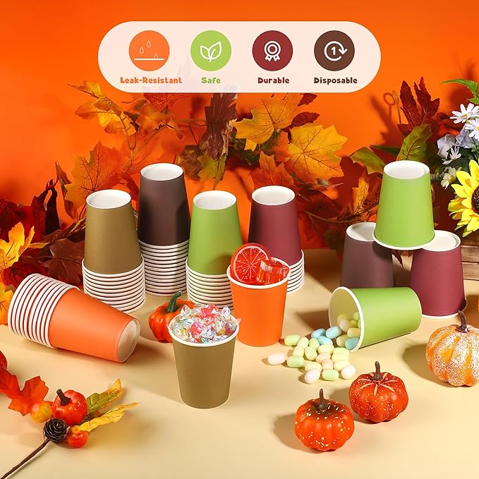 URATOT 60 Pieces 9 Ounce Disposable Paper Cups Autumn Color Party Cups Thanksgiving Fall Drinking Cups for Party, DIY, and Holiday, 5 Colors