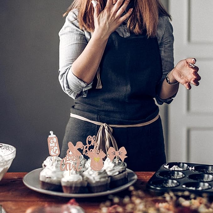 24 Pack It's a Girl Cupcake Toppers Glitter Pacifier Onesie Jumpsuit Bow Gender Reveal Cupcake Picks Welcome Baby Shower Cake Decorations for Baby Girl Birthday Theme Party Supplies Rose Gold