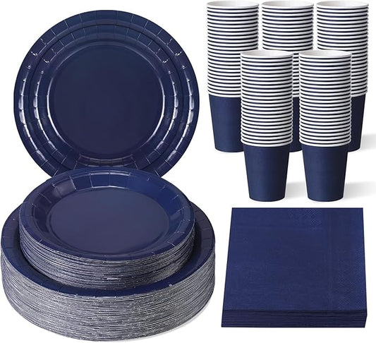 Tioncy 200 Pcs Disposable Paper Plates Cups and Napkins Christmas Party Supplies Serve 50 Guests Disposable Paper Dinnerware Set for Birthday Wedding Baby Shower Family Picnic(Navy Blue)