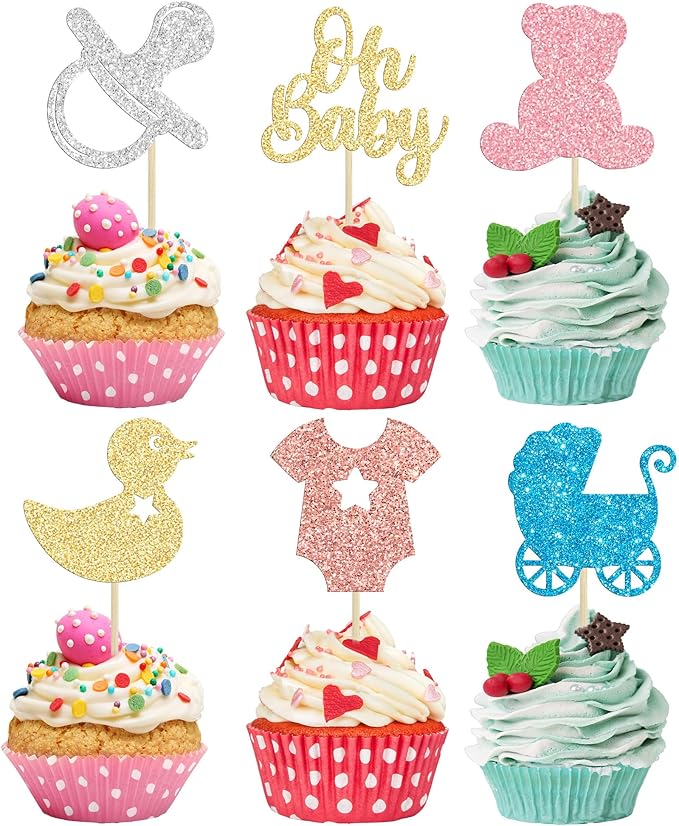 Gyufise 36Pcs Baby Shower Cupcake Toppers Glitter Oh Baby Cupcake Picks Bear Pacifier Baby Carriage Gender Reveal Cake Decorations for Baby Shower Kids Birthday Party Supplies Colorful