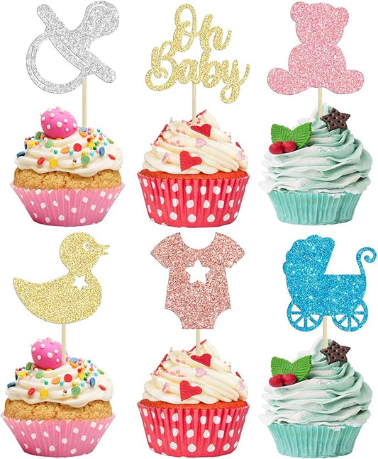 Gyufise 36Pcs Baby Shower Cupcake Toppers Glitter Oh Baby Cupcake Picks Bear Pacifier Baby Carriage Gender Reveal Cake Decorations for Baby Shower Kids Birthday Party Supplies Colorful