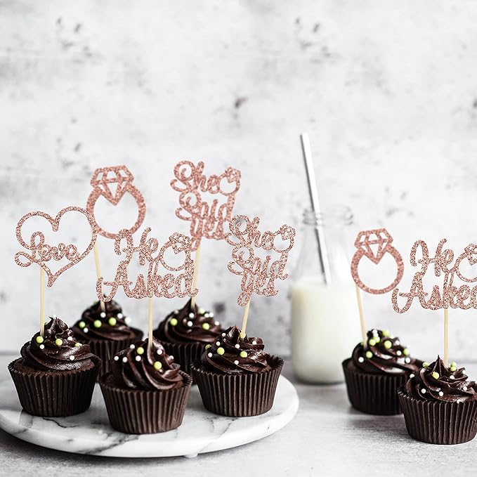 Gyufise 24Pcs Rose Gold He Asked She Said Yes Cupcake Toppers Diamond Ring Heart Cake Picks for Wedding Engagement Party Cake Decorations