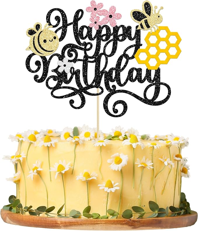 1 Pack Happy Bee Day Cake Topper Bumble Bee Happy Birthday Cake Decoration for Bee Theme Baby Shower Kids Boys Girls Birthday Party Cake Decorations Supplies Black